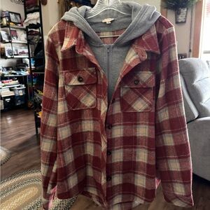 Hem and Thread Plaid Red and Gray Women's Jacket hooded